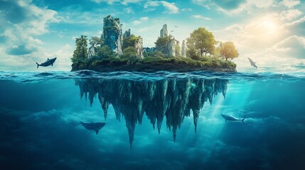 surreal ocean with floating islands, glowing creatures swimming beneath, otherworldly light, fantastical aquatic world, dreamlike atmosphere