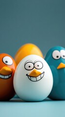 Obraz premium Colorful cartoon eggs with smiling faces on blue background. Easter, Pascha, Paskha, Ostern, Pascua, Paques - Orthodox and Catholic Holiday celebration