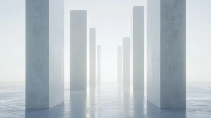 Obraz premium Abstract minimalist architectural scene with tall white pillars in a foggy environment, creating a serene and ethereal atmosphere for creative projects