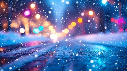 Snowy city street at night with blurred lights