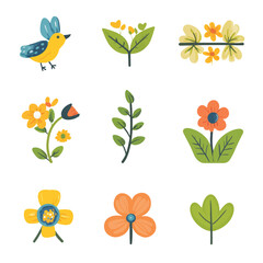 Hand-drawn Flower and Bird Illustrations Isolated on White Background
