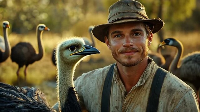Man with Ostrich in African Savanna