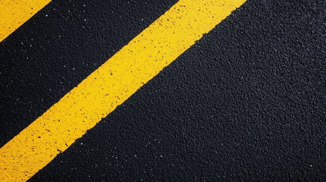 Close-up of a textured black asphalt surface featuring two bold, yellow parallel lines, indicating a roadway or parking area.