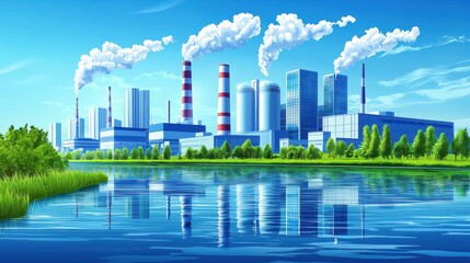Fototapeta premium Regenerative Energy Technology concept. Advanced Futuristic Eco Friendly Energy Plant with Towering Turbines and Reflecting Waters