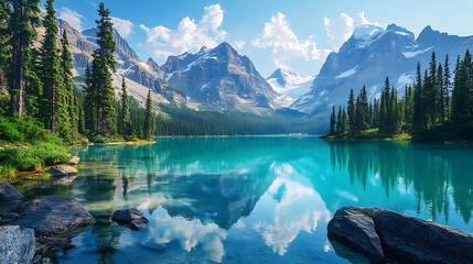 alpine mountain scenery with turquoise lake snow capped peaks evergreen forest and clear sky serene nature reflection stock photo of stunning wilderness
