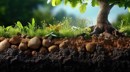 Cross section of tree roots and soil layers in a sunlit garden scene