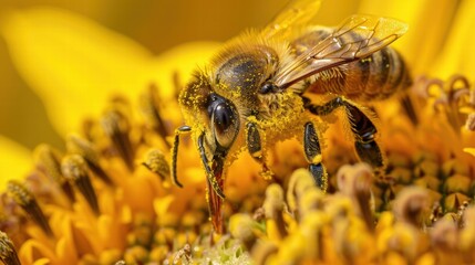 Honey production process in a rural apiary with active bees and wooden hives.