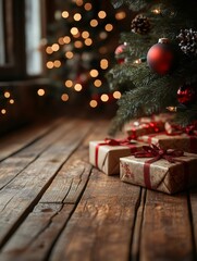 Christmas gifts resting under decorated christmas tree with warm lights