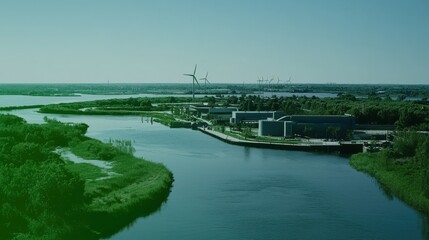 Obraz premium Regenerative Energy Technology concept. Futuristic Wind Farm Utilizing Renewable Energy on Tranquil River Landscape