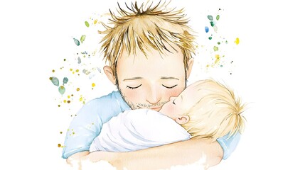 Heartwarming Watercolor of a Young Father Tenderly Embracing and Cuddling His Newborn Baby Radiating Love and Connection