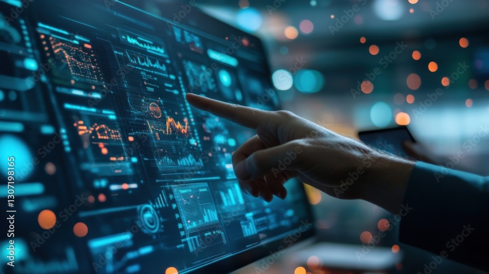 Poster businessman pointing at futuristic touchscreen display showing various graphs and charts, analyzing 