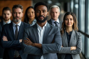 Multi-ethnic and multi-generation male and female business professionals, standing in office, arms crossed, confident expressions, diverse leadership, modern corporate environment
