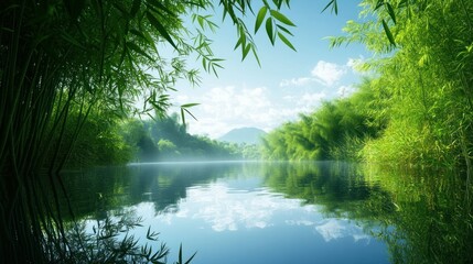 Fototapeta premium Serene landscape with lush bamboo, tranquil river reflecting blue sky and distant mountains