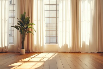 Fototapeta premium Unfurnished interior with curtains. AI generated illustration.