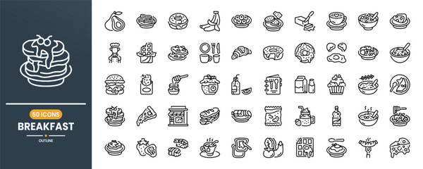 Breakfast vector line icon set. Contains linear outline icons like Food, Drink, Restaurant, Cake, Meal, Donut, Juice, Vegetable, Hamburger, Soup, Milk, Fast Food, Coffee. Editable use and stroke.