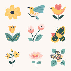 Cartoon Spring Motifs: Birds, Butterflies, Flowers, Vector Graphic Elements