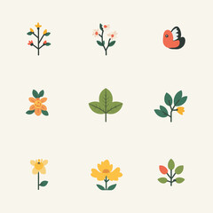 Minimalist Botanical Pattern with Flowers, Leaves, and Bird Illustration