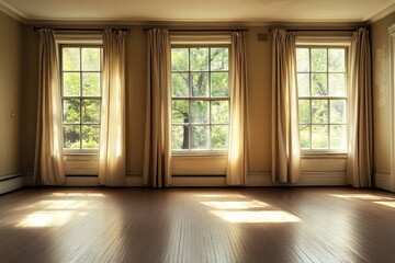 Fototapeta premium Unfurnished interior with curtains. AI generated illustration.