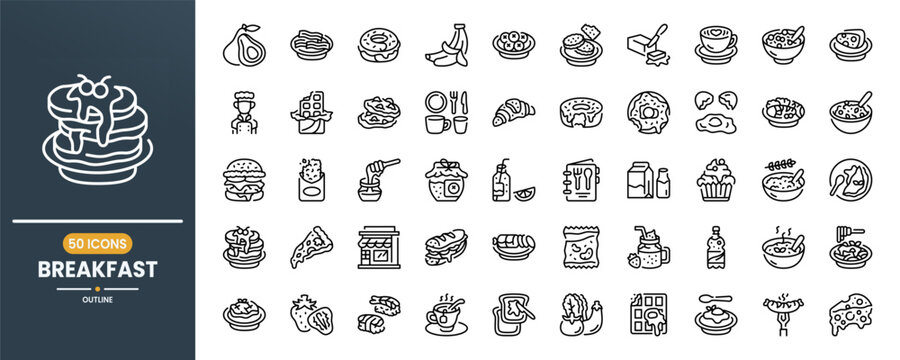 Breakfast vector line icon set. Contains linear outline icons like Food, Drink, Restaurant, Cake, Meal, Donut, Juice, Vegetable, Hamburger, Soup, Milk, Fast Food, Coffee. Editable use and stroke.