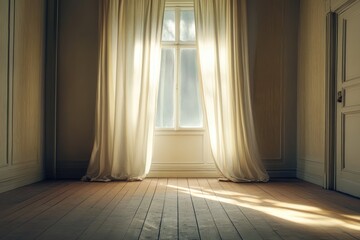 Unfurnished interior with curtains. AI generated illustration.