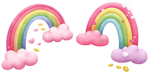 Colorful rainbow trails with pink clouds and gold coins create whimsical scene