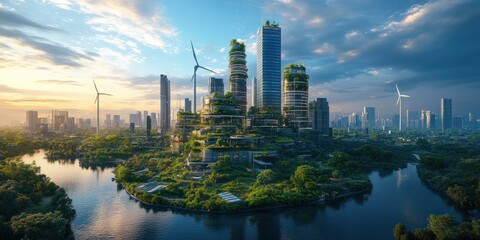 Fototapeta premium Green Metropolis: Futuristic Cityscape of Sustainable Urban Development with Renewable Energy Sources