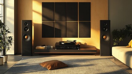Modern living room featuring audio equipment, stylish decor, and soft lighting creating a cozy atmosphere