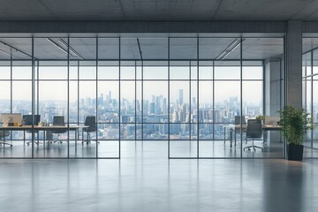 View through glass wall on modern loft office and city view. AI generated illustration.