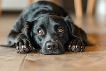 Black dog lying on wooden floor with sad expression in warm indoor setting during afternoon Generative AI