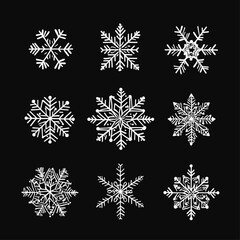 Nine White Hand-Drawn Snowflakes on Black Background Holiday Season Design