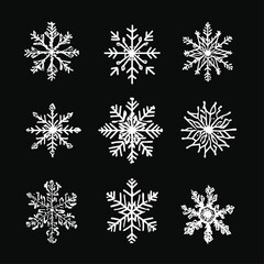 Nine Snowflake Designs on Black Background