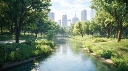 Fototapeta premium Serene urban park with a tranquil river, surrounded by lush greenery and towering skyscrapers