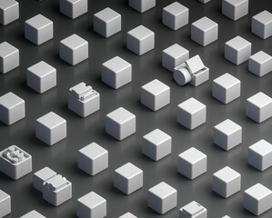 Obraz premium A grid of small, white cubes, some featuring unique designs, showcasing a minimalist and modern aesthetic.