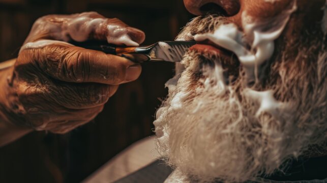 Barber Using Straight Razor to Shape Client Beard with Shaving Foam