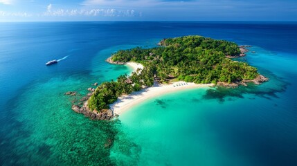 Tropical island surrounded by clear blue water, white sand beaches, lush palm trees, serene and picturesque paradise, ultra-detailed, high-resolution aerial view.
