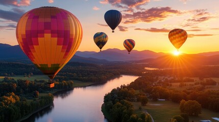 Obraz premium Colorful hot air balloons over a valley at sunset