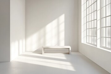 Fototapeta premium White interior with bench, minimalist. AI generated illustration.