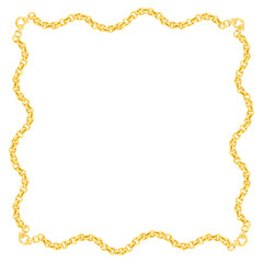 Square watercolor frame made of gold chain. Vintage style chain of round rings. Luxurious metallic shiny accessory laid in a wave. Clipart for luxury baroque design.