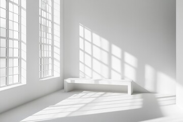 Fototapeta premium White interior with bench, minimalist. AI generated illustration.
