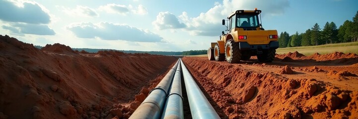 Large pipes being installed in a trench, partly cloudy day , water, excavation