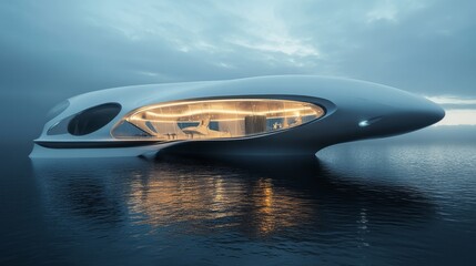 Obraz premium underwater space station, glowing marine life, sleek architecture, alien fish swimming, advanced technology, peaceful ocean environment