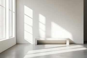 Fototapeta premium White interior with bench, minimalist. AI generated illustration.