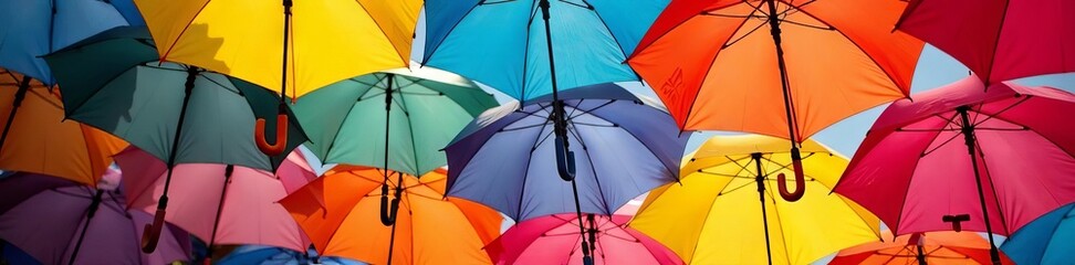 Many colorful umbrellas overlapping, vivid shades, water, graphic