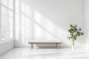 White interior with bench, minimalist. AI generated illustration.