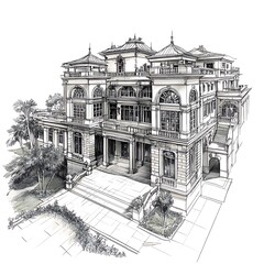 Obraz premium Classic architectural drawing of a mansion with intricate patterns high resolution picture