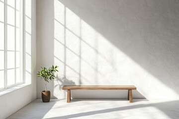 Fototapeta premium White interior with bench, minimalist. AI generated illustration.