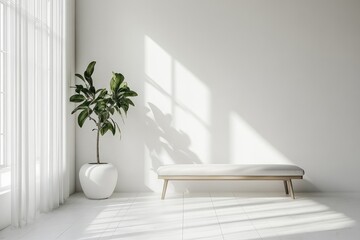 White interior with bench, minimalist. AI generated illustration.