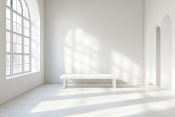 Fototapeta premium White interior with bench, minimalist. AI generated illustration.