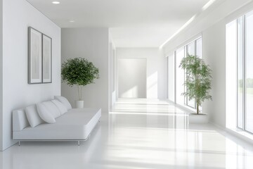 White interior with long corridor in modern space. AI generated illustration.