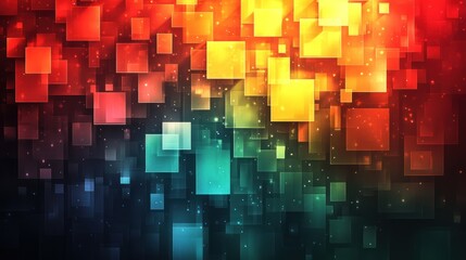 Abstract background with vibrant squares and glowing particles.
